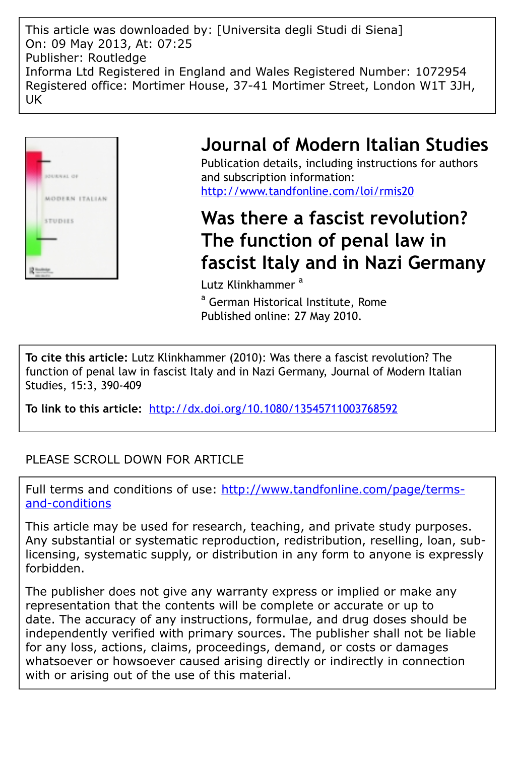 Was There a Fascist Revolution? the Function of Penal Law in Fascist Italy and in Nazi Germany