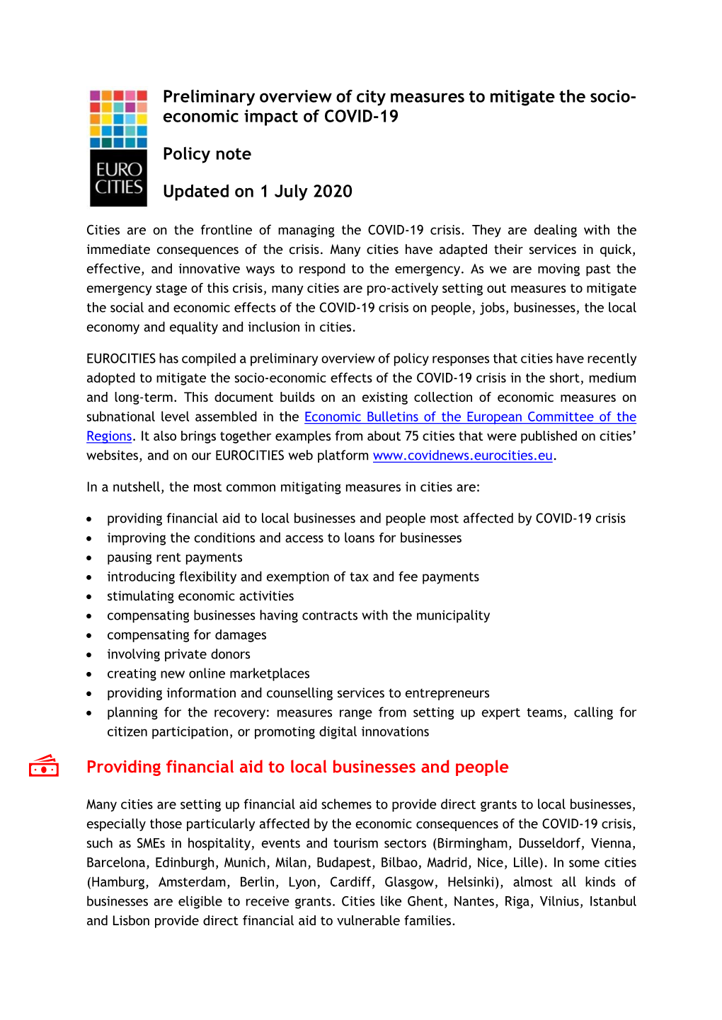 Preliminary Overview of City Measures to Mitigate the Socio- Economic Impact of COVID-19