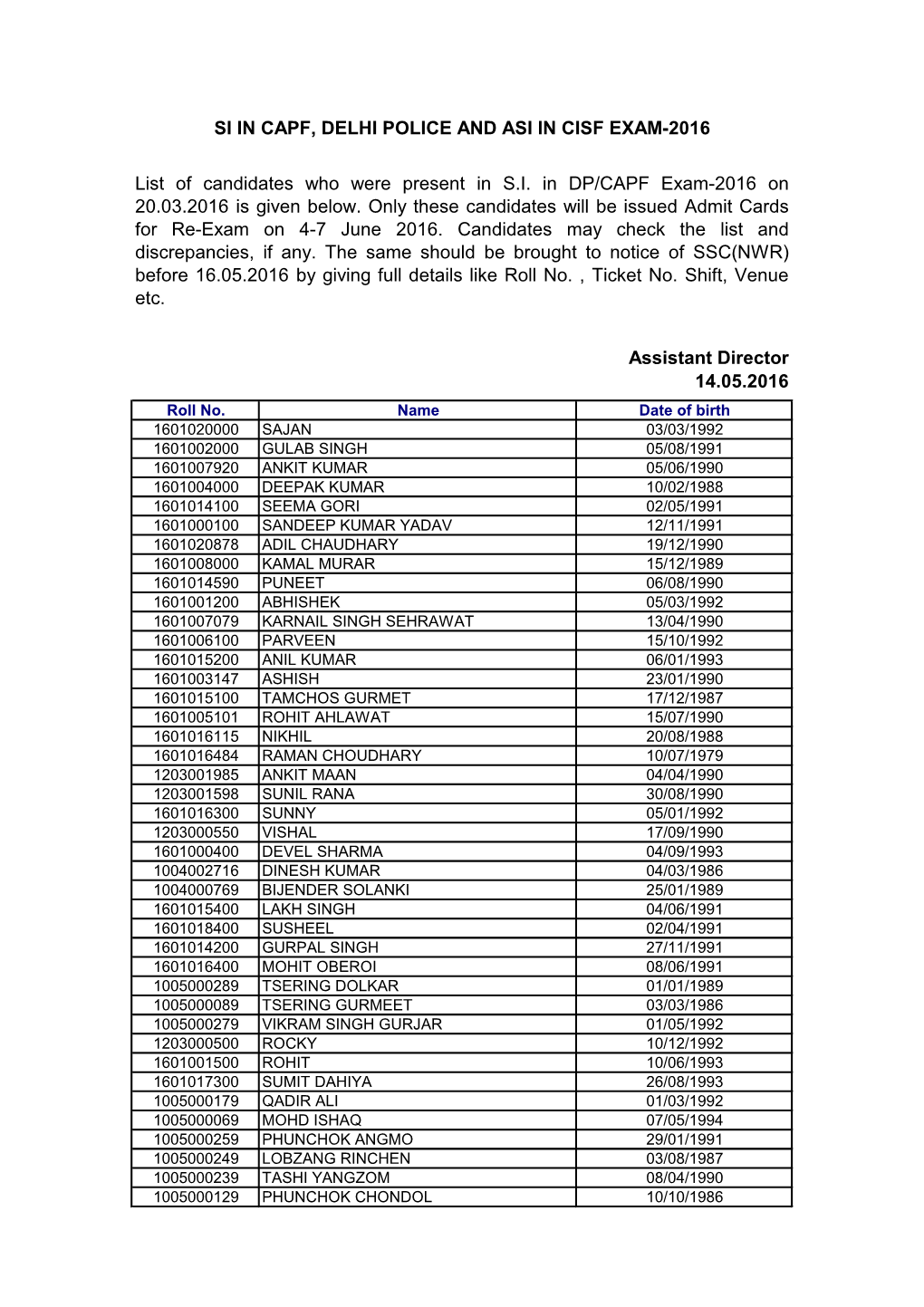 SI in CAPF, DELHI POLICE and ASI in CISF EXAM-2016 List of Candidates Who Were Present in S.I. in DP/CAPF Exam-2016 on 20.03.201