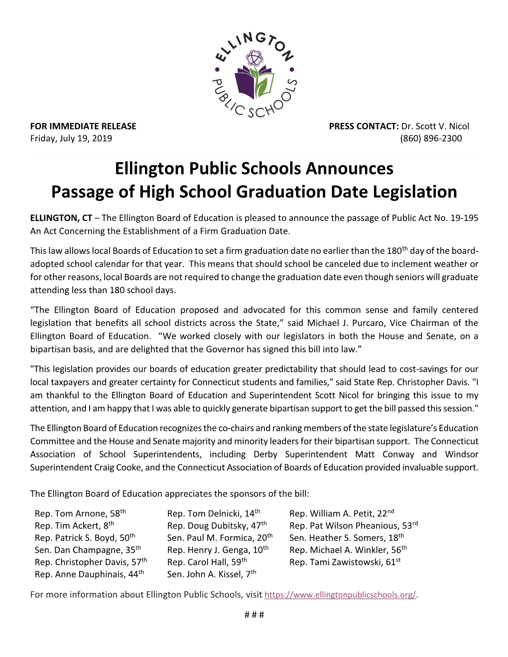 Ellington Public Schools Announces Passage of High School Graduation Date Legislation