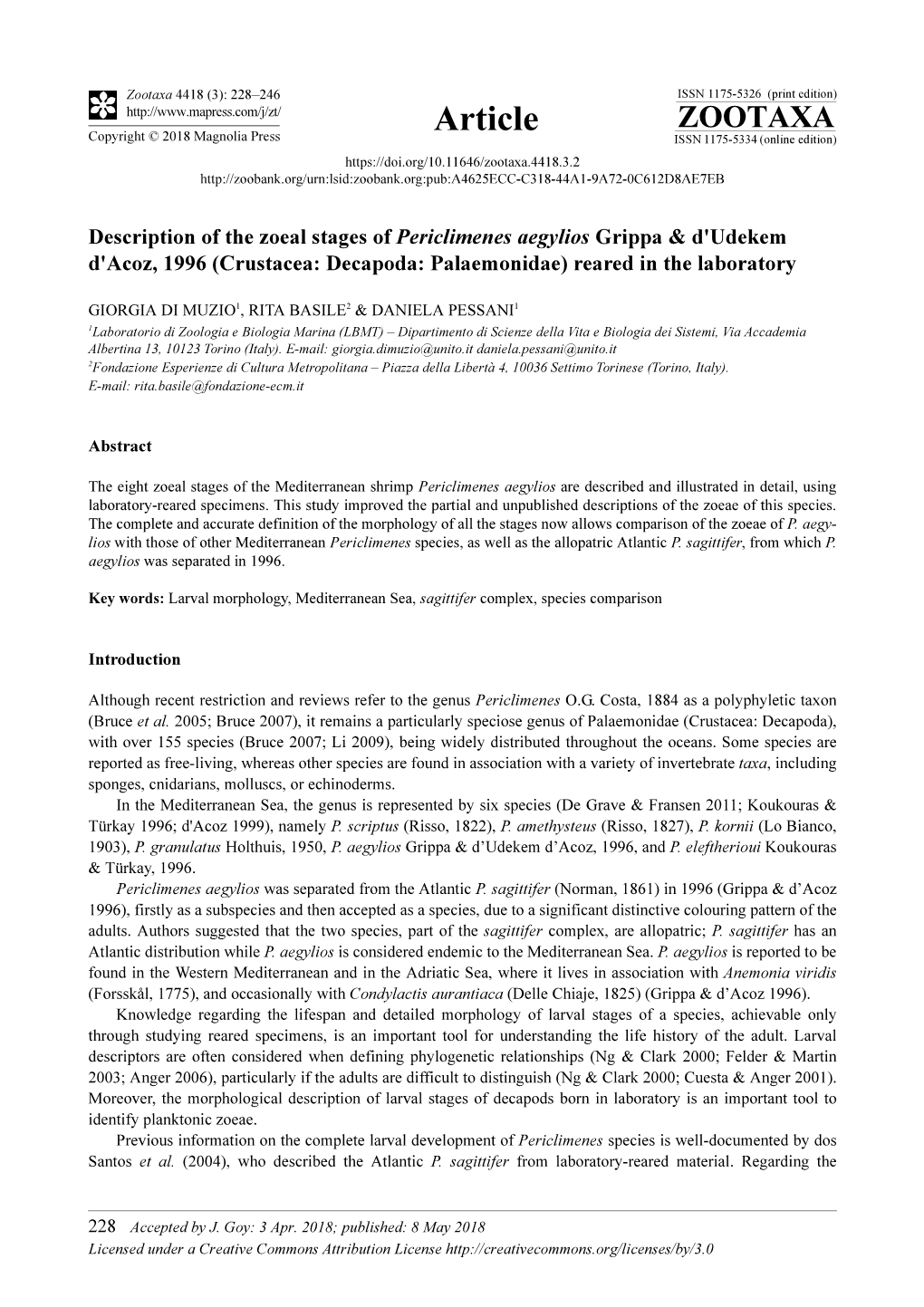 Description of the Zoeal Stages of Periclimenes Aegylios Grippa & D'udekem D'acoz, 1996 (Crustacea: Decapoda: Palaem