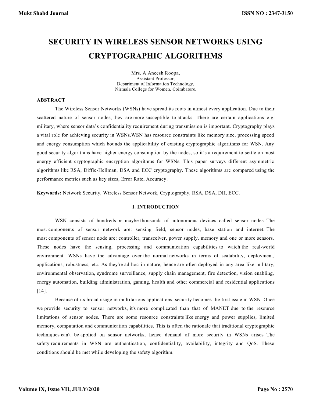 Security in Wireless Sensor Networks Using Cryptographic Algorithms