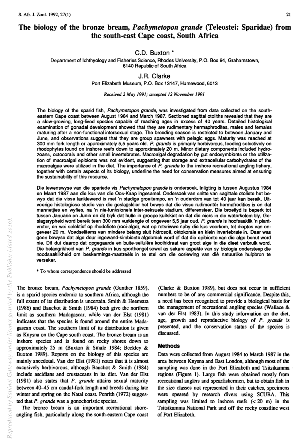 The Biology of the Bronze Bream, Pachymetopon Grande (Teleostei: Sparidae) from the South-East Cape Coast, South Africa