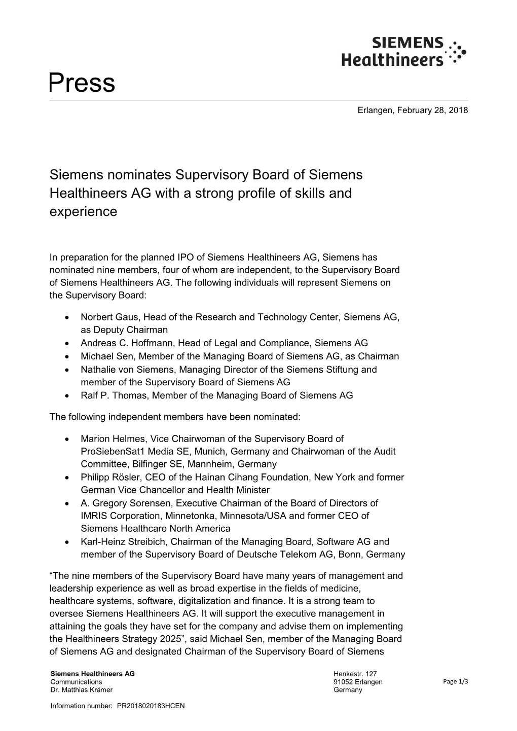 Siemens Nominates Supervisory Board of Siemens Healthineers AG with a Strong Profile of Skills and Experience