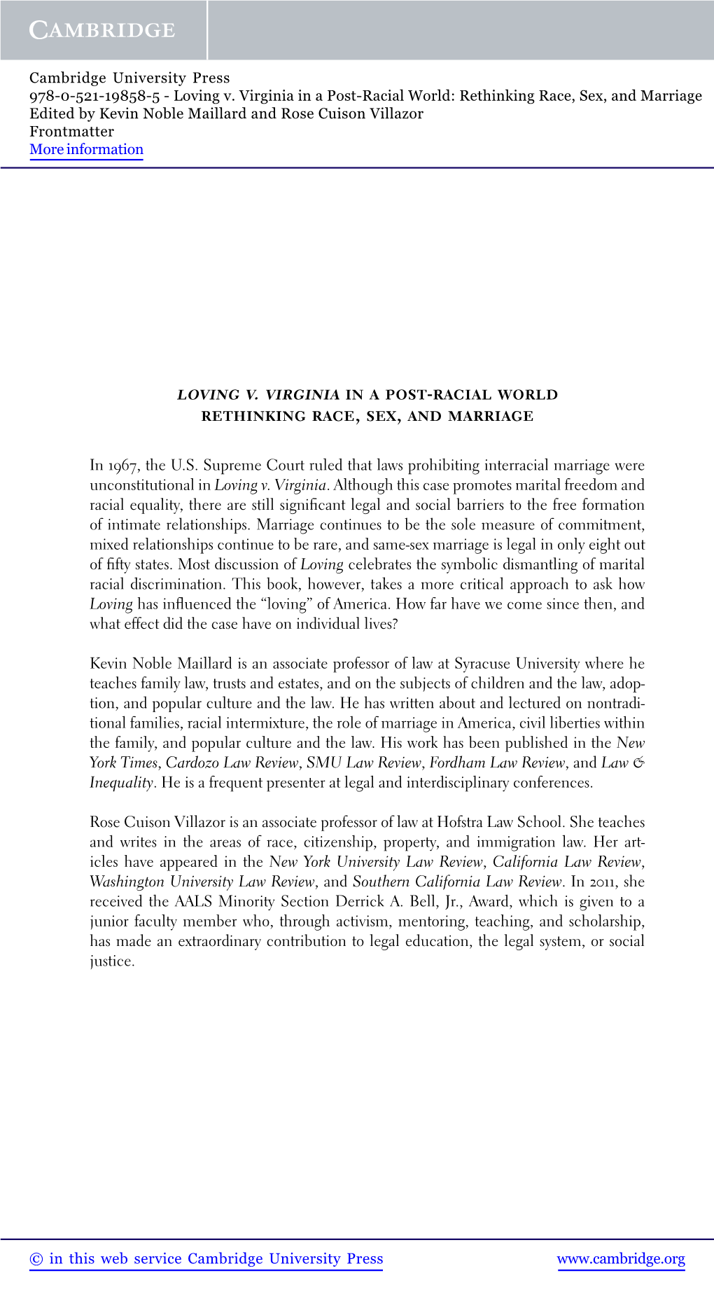 Loving V. Virginia in a Post-Racial World Rethinking Race, Sex, and Marriage