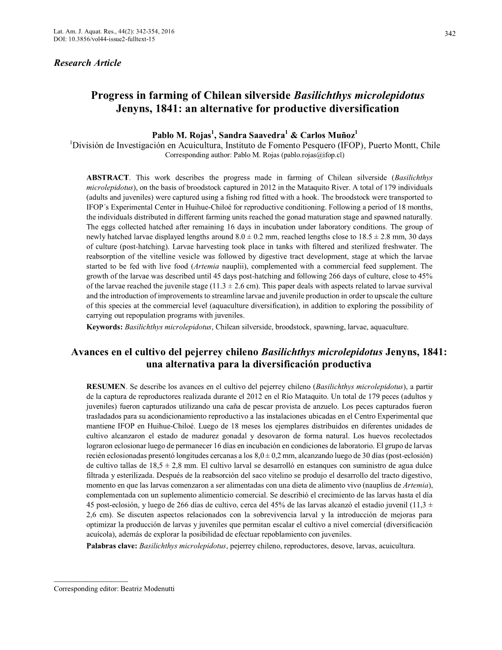 Progress in Farming of Chilean Silverside Basilichthys Microlepidotus Jenyns, 1841: an Alternative for Productive Diversification