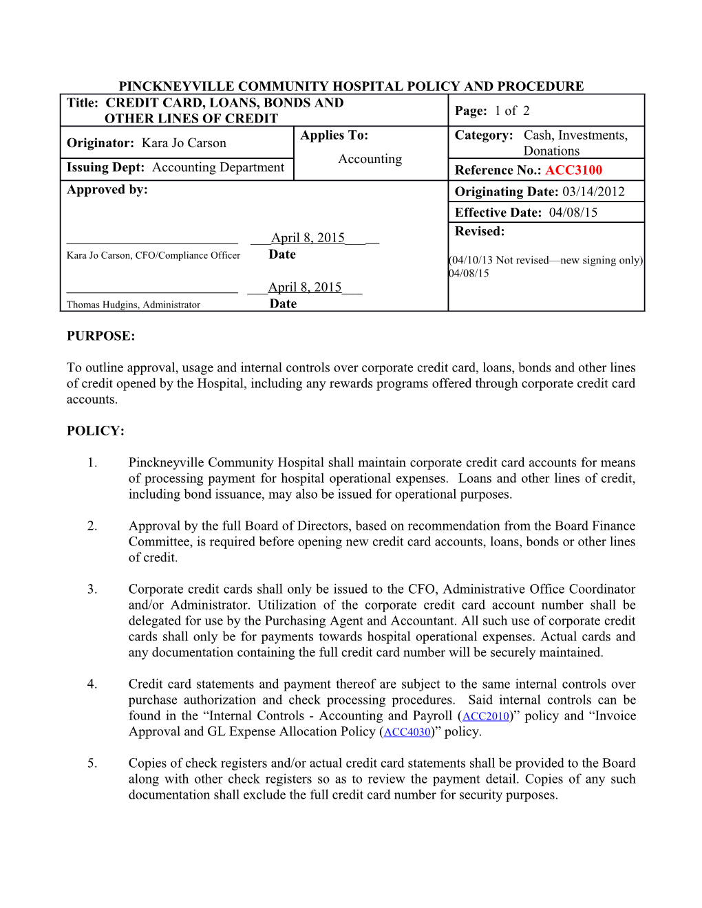 Credit Card, Loans, Bonds and Other Lines of Credit 031412