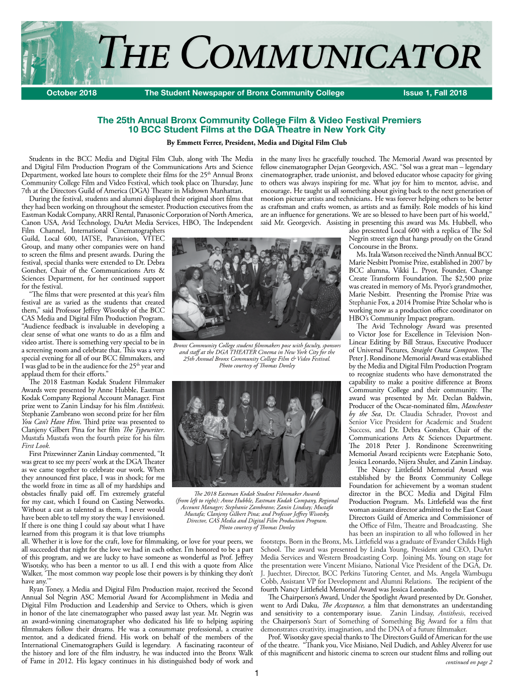 The Communicator October 2018 the Student Newspaper of Bronx Community College Issue 1, Fall 2018
