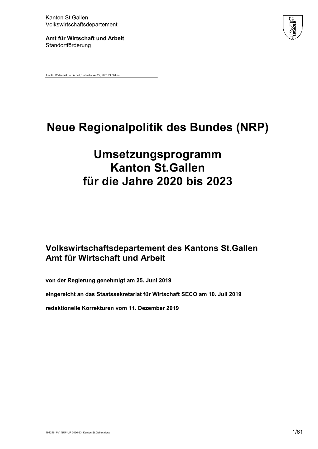 (NRP) Umsetzungsprogramm Kanton St.Gallen Für Die Jahre 2020 Bis 2023