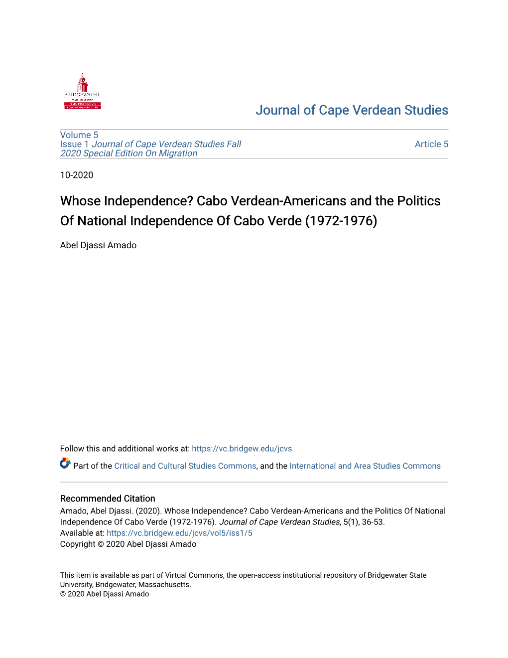 Cabo Verdean-Americans and the Politics of National Independence of Cabo Verde (1972-1976)