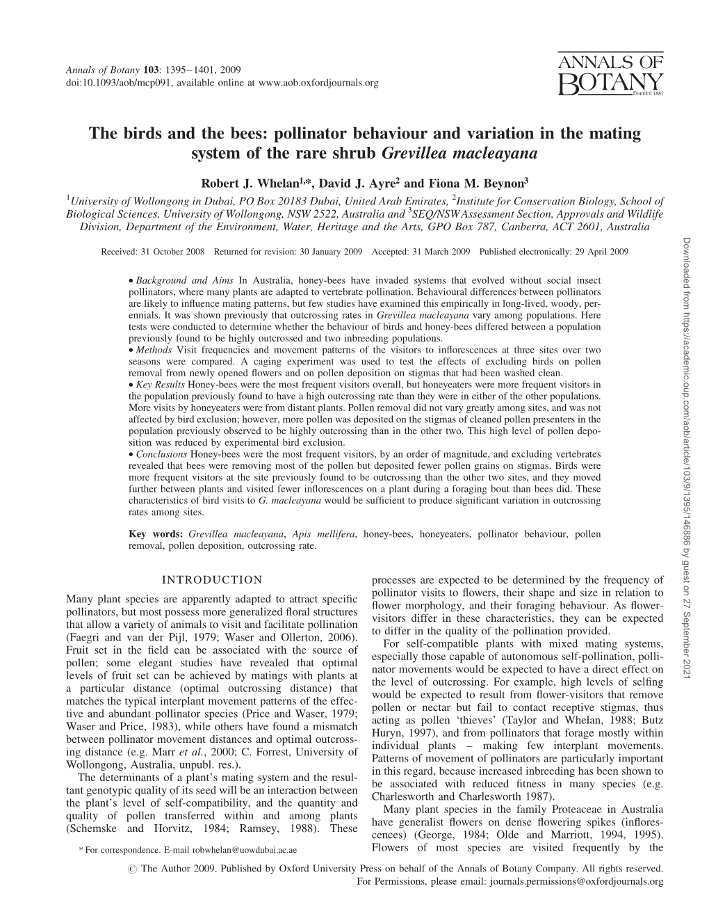 The Birds and the Bees: Pollinator Behaviour and Variation in the Mating System of the Rare Shrub Grevillea Macleayana