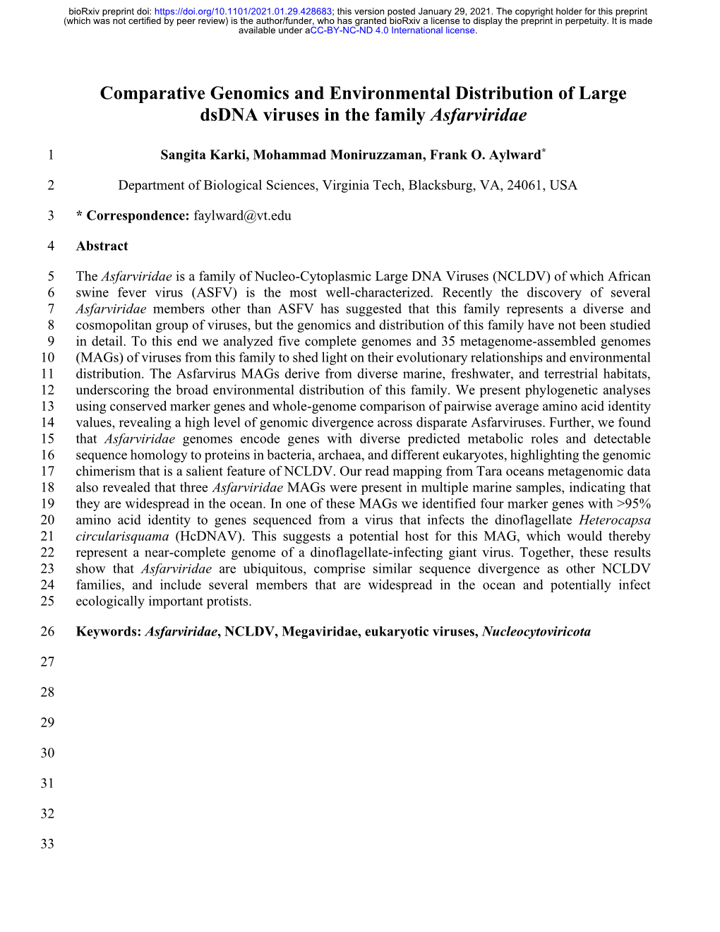 Comparative Genomics and Environmental Distribution of Large Dsdna Viruses in the Family Asfarviridae