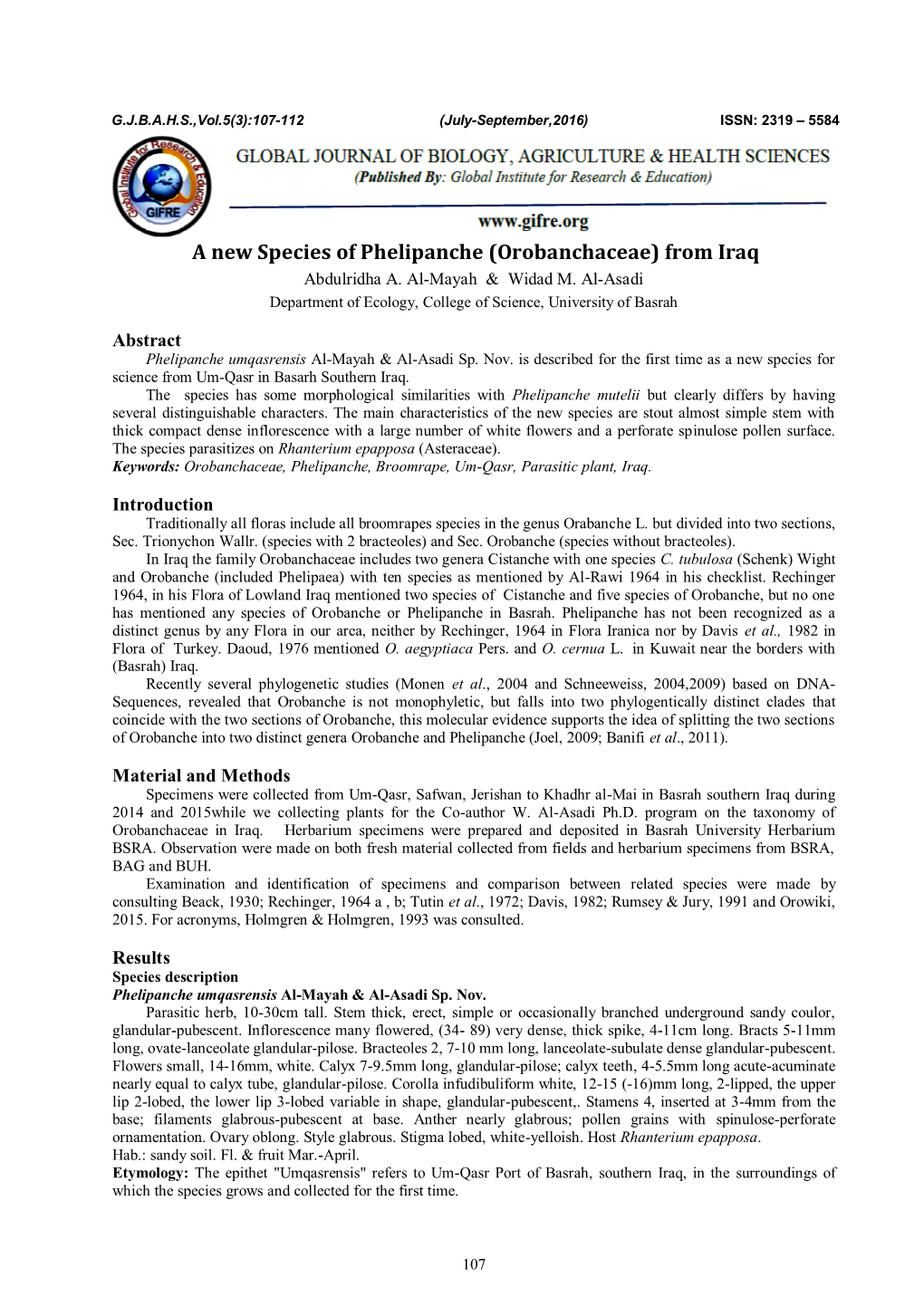 A New Species of Phelipanche (Orobanchaceae) from Iraq Abdulridha A