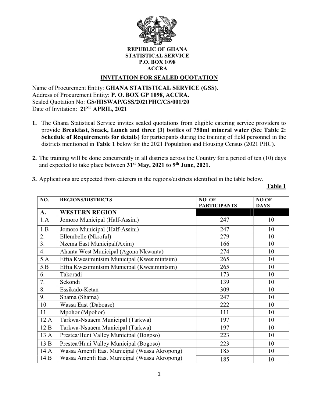 GHANA STATISTICAL SERVICE (GSS). Address of Procurement Entity: P