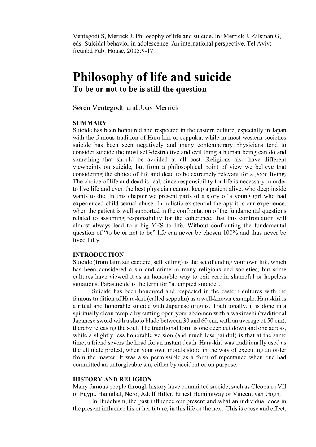 Philosophy of Life and Suicide