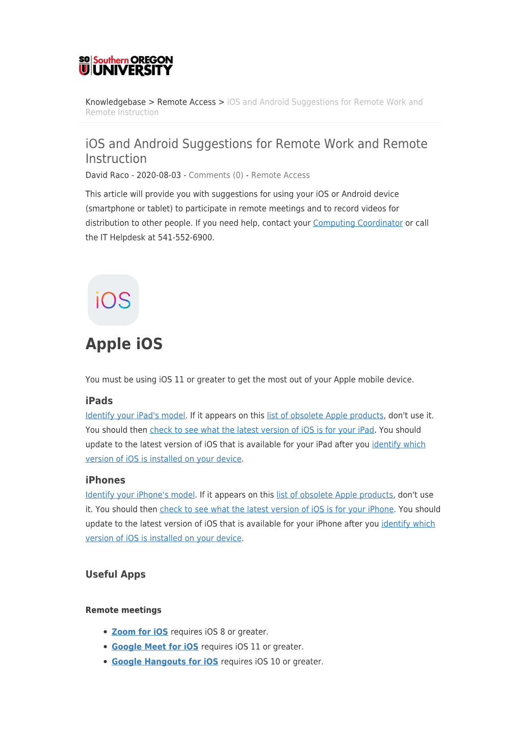 Ios and Android Suggestions for Remote Work and Remote Instruction