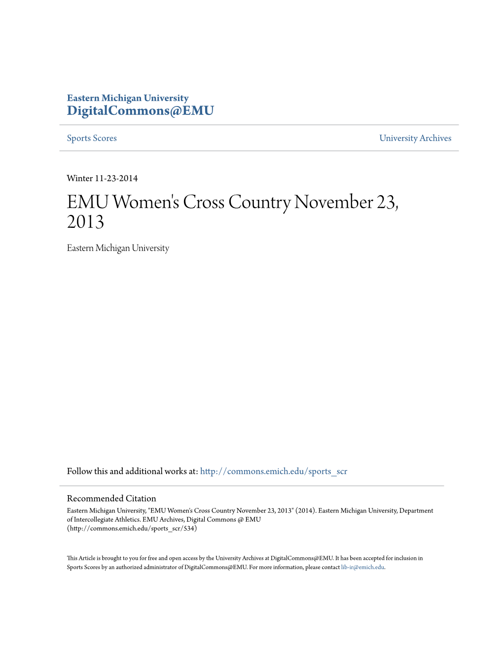 EMU Women's Cross Country November 23, 2013 Eastern Michigan University