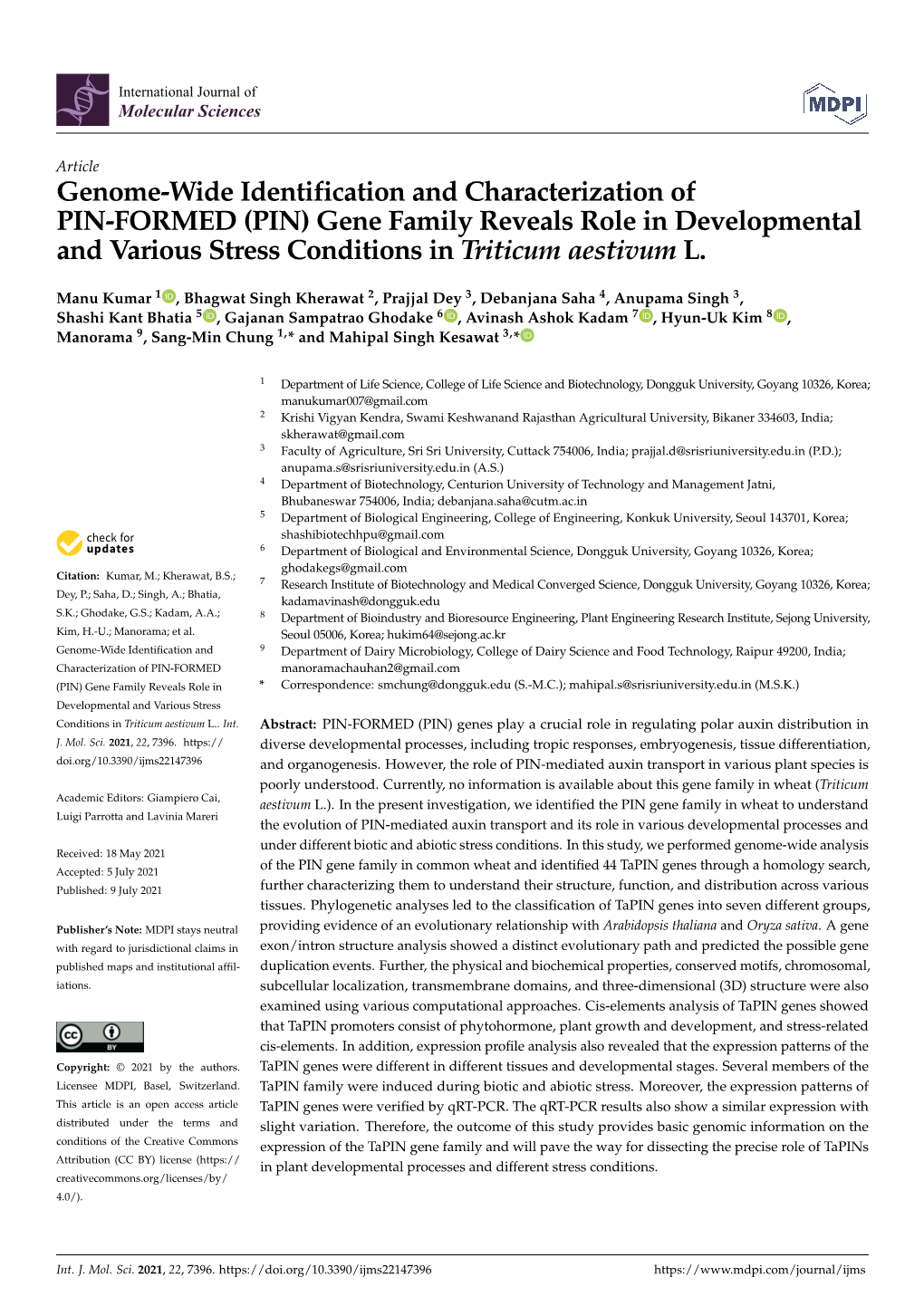 (PIN) Gene Family Reveals Role in Developmental and Various Stress Conditions in Triticum Aestivum L