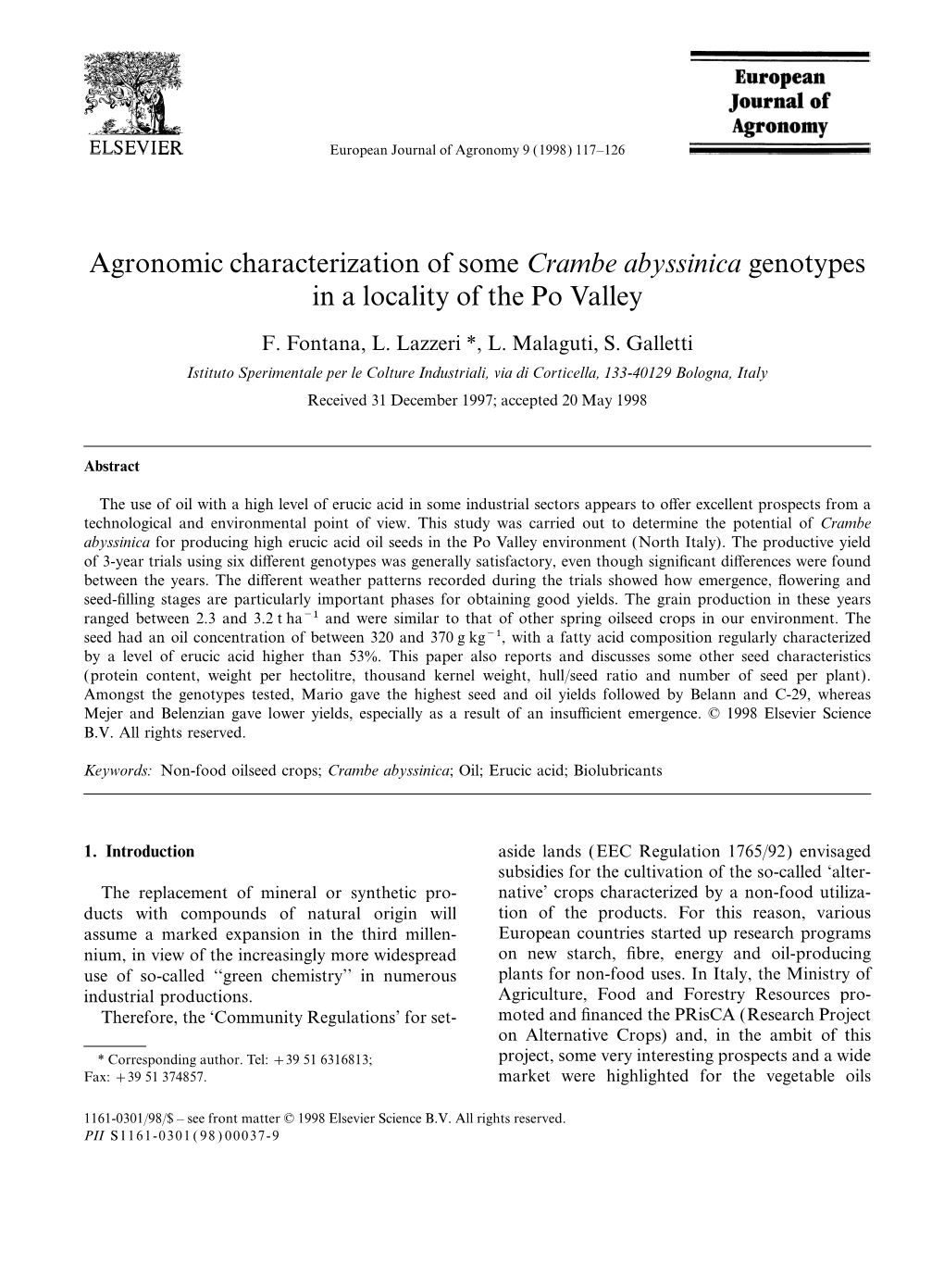 Agronomic Characterization of Some Crambe Abyssinica Genotypes in a Locality of the Po Valley