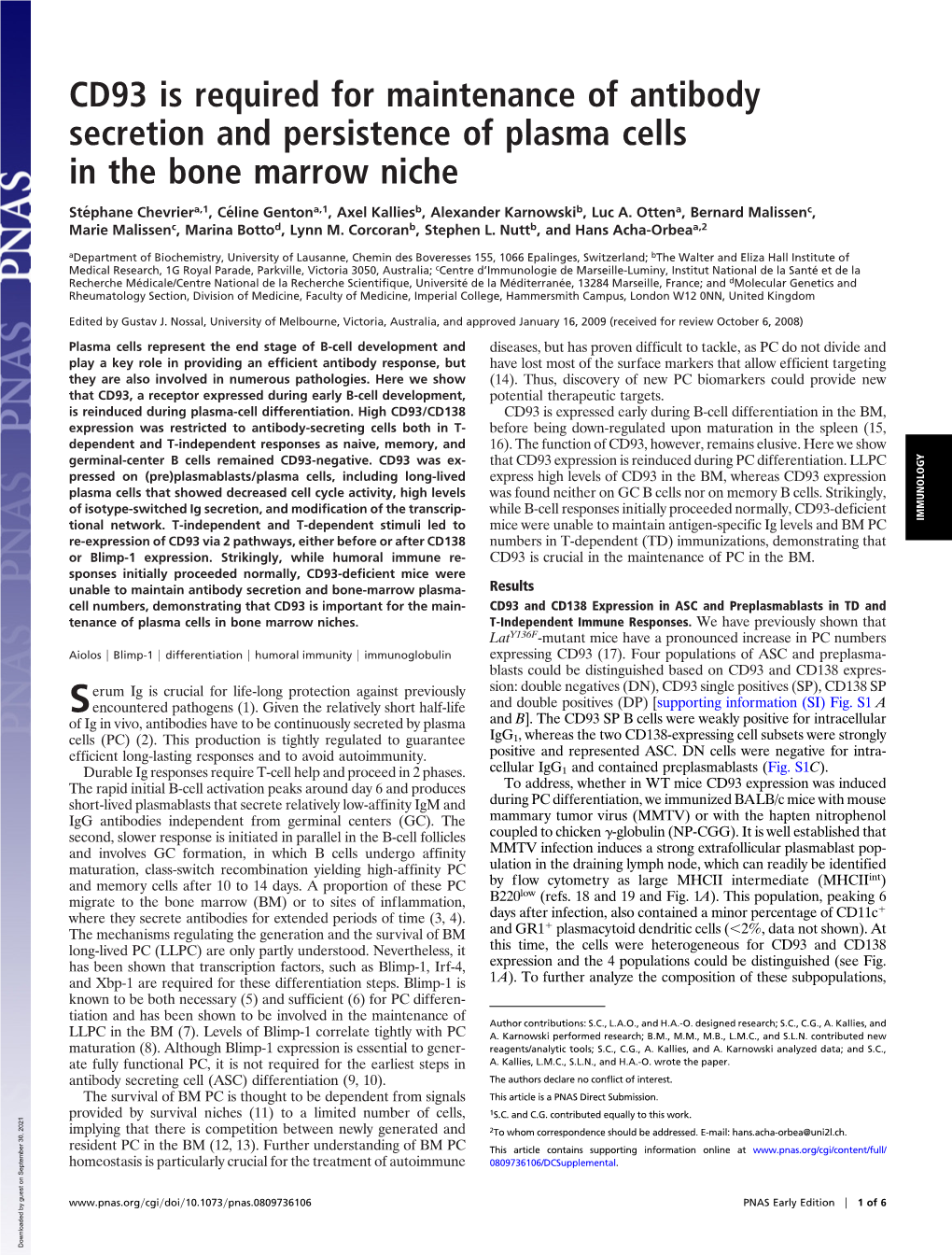 CD93 Is Required for Maintenance of Antibody Secretion and Persistence of Plasma Cells in the Bone Marrow Niche