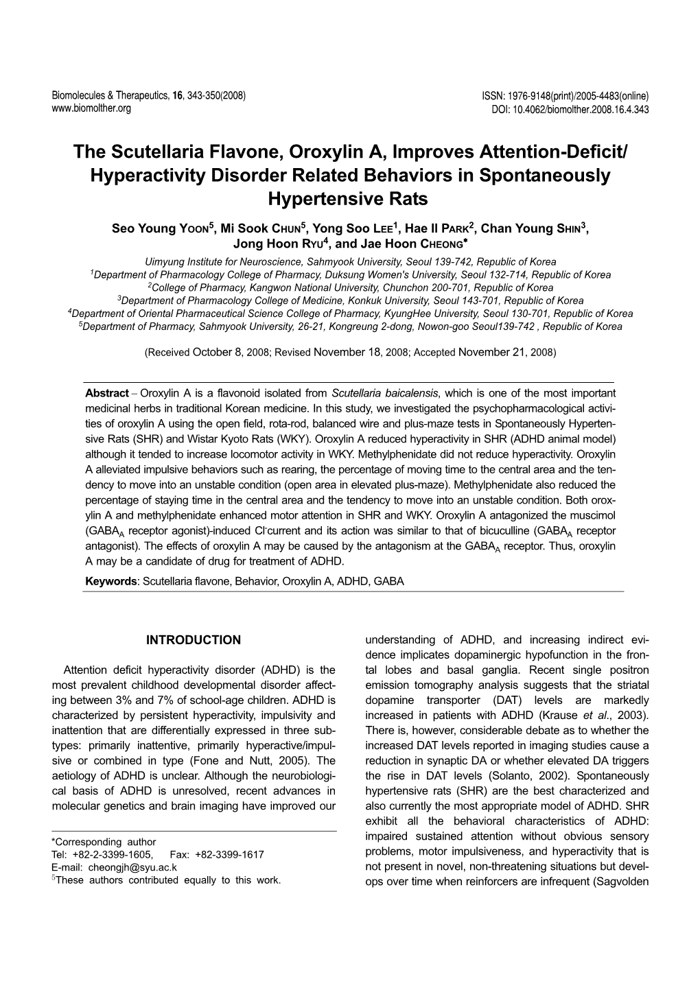 The Scutellaria Flavone, Oroxylin A, Improves Attention-Deficit/ Hyperactivity Disorder Related Behaviors in Spontaneously Hypertensive Rats