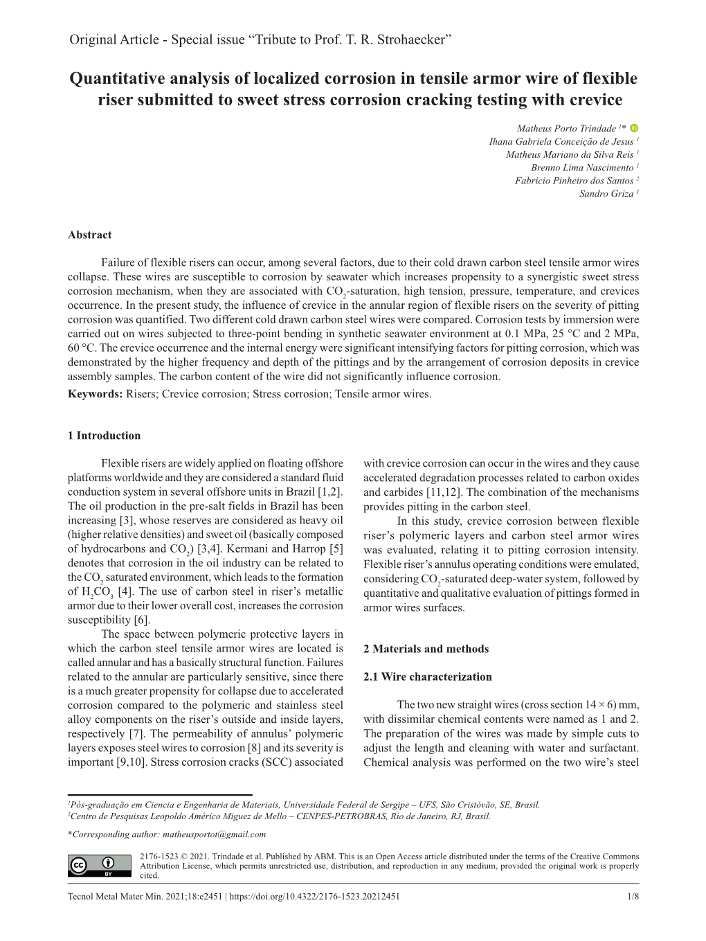 Quantitative Analysis of Localized Corrosion in Tensile Armor Wire of Flexible Riser Submitted to Sweet Stress Corrosion Cracking Testing with Crevice