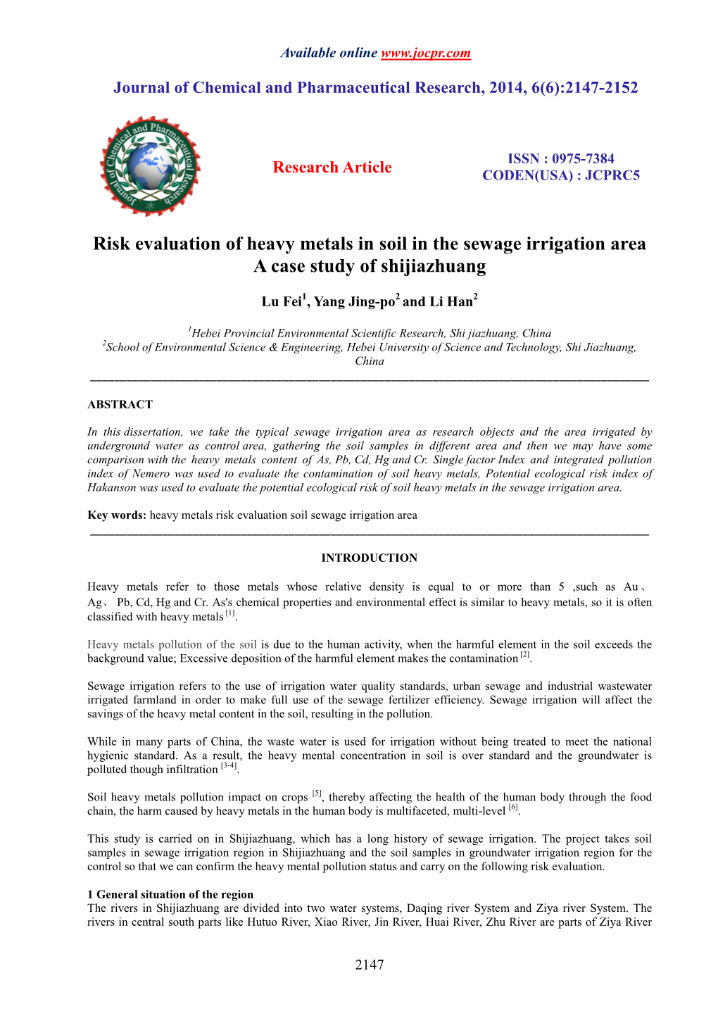 Risk Evaluation of Heavy Metals in Soil in the Sewage Irrigation Area a Case Study of Shijiazhuang