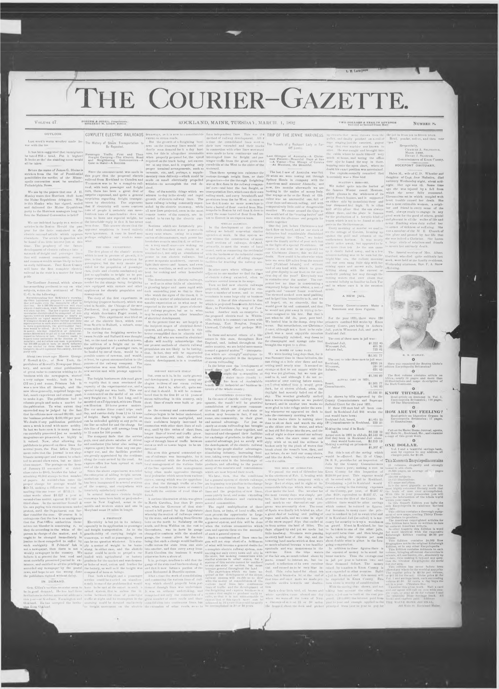 Courier Gazette: Tuesday, March 1, 1892