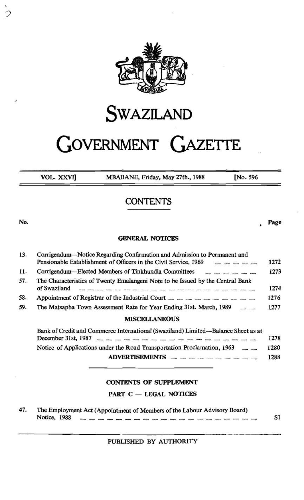 SWAZILAND CONTENTS Casessense PUBLISHED PART Ses of the Sens