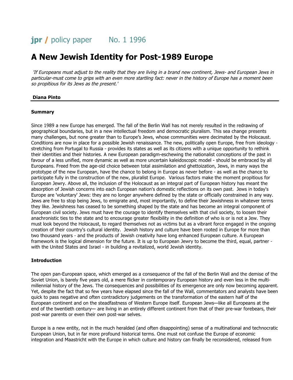 A New Jewish Identity for Post-1989 Europe