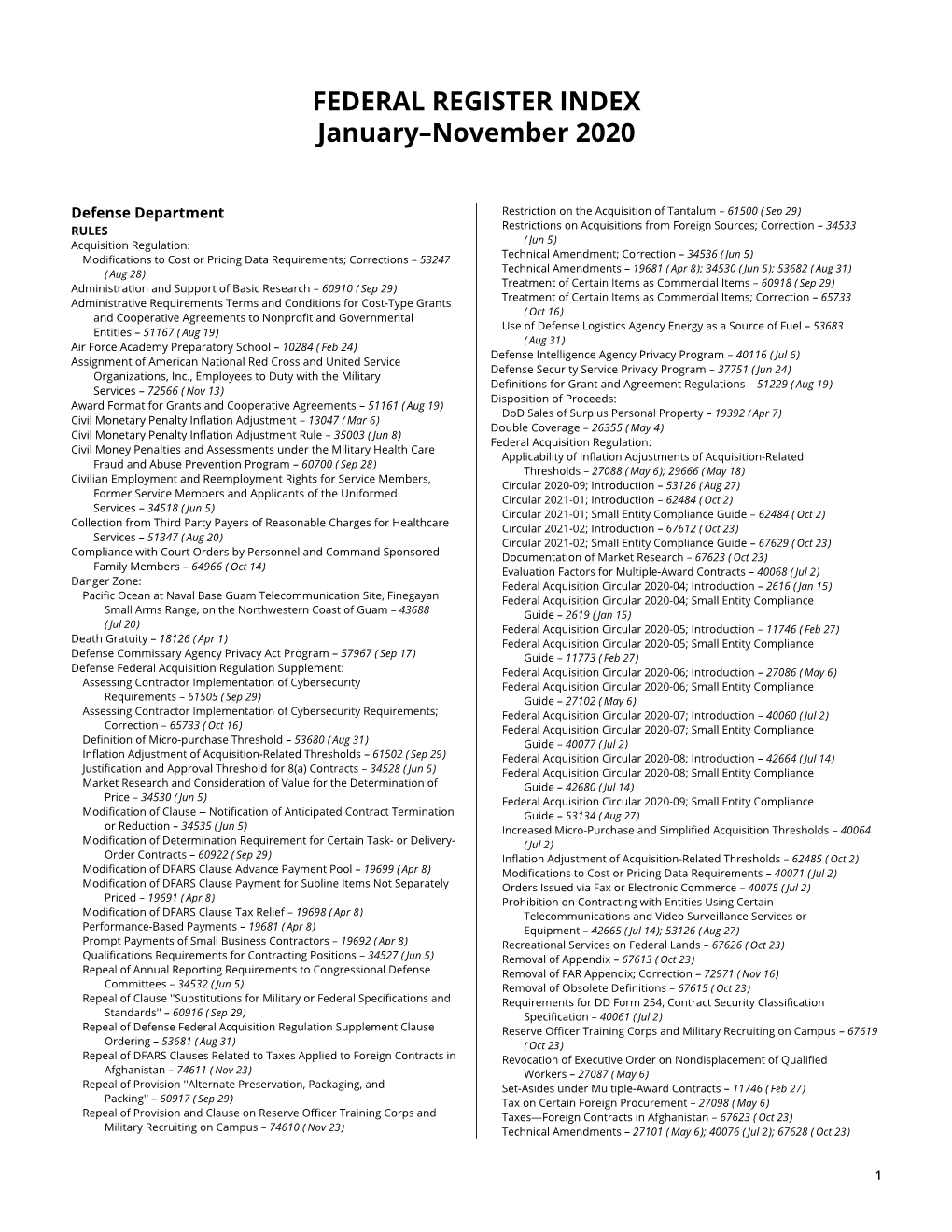 FEDERAL REGISTER INDEX January–November 2020