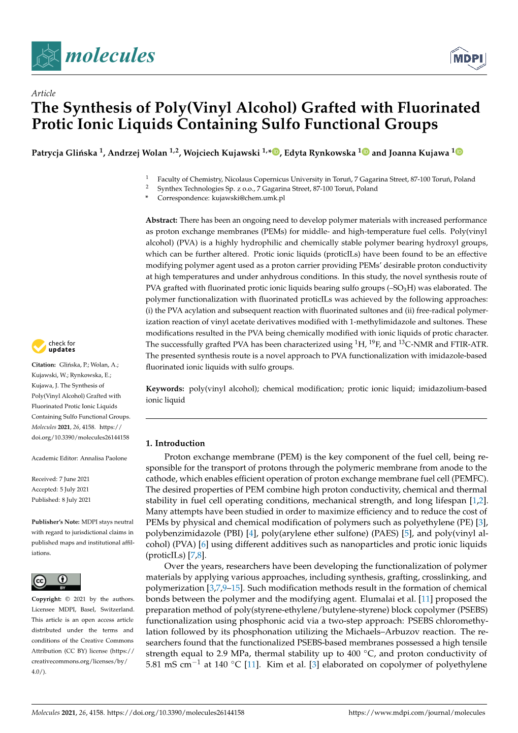 The Synthesis of Poly(Vinyl Alcohol) Grafted with Fluorinated Protic Ionic Liquids Containing Sulfo Functional Groups