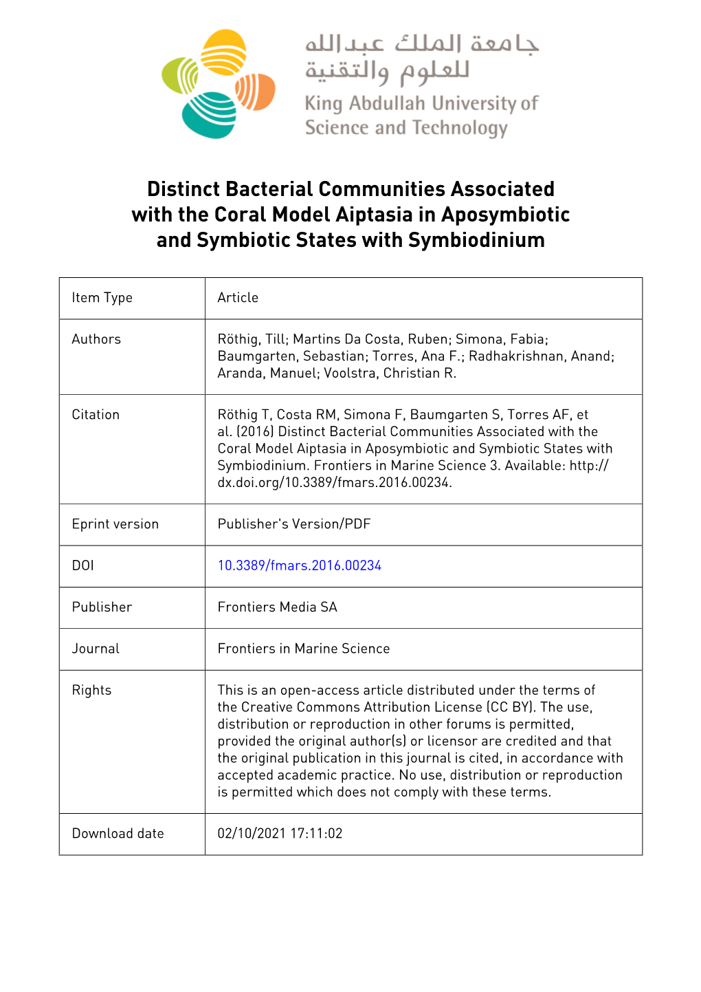 Distinct Bacterial Communities Associated with the Coral Model Aiptasia in Aposymbiotic and Symbiotic States with Symbiodinium