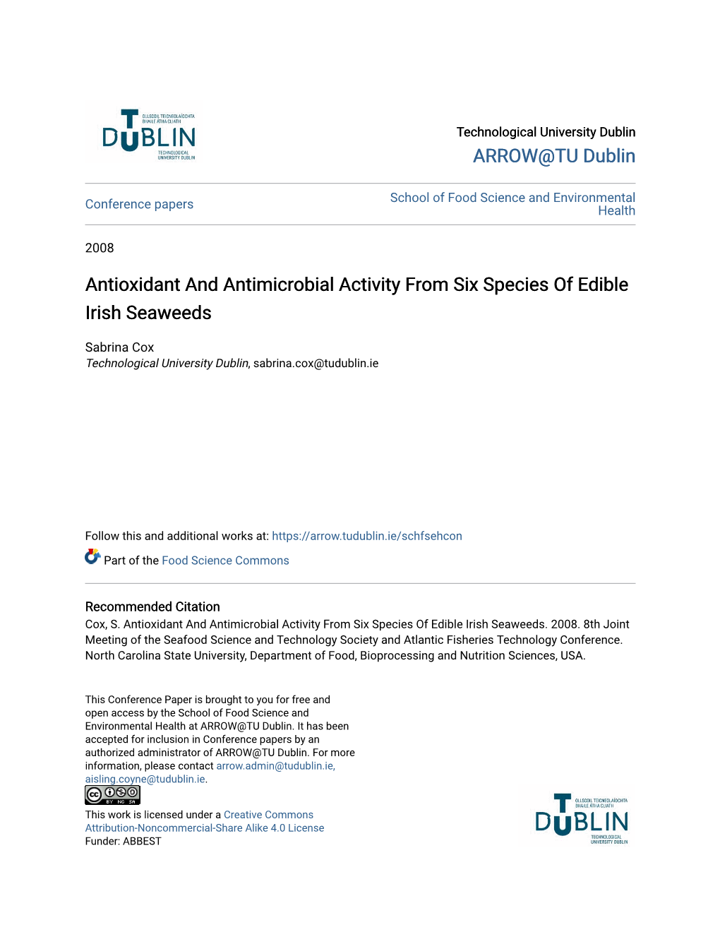 Antioxidant and Antimicrobial Activity from Six Species of Edible Irish Seaweeds