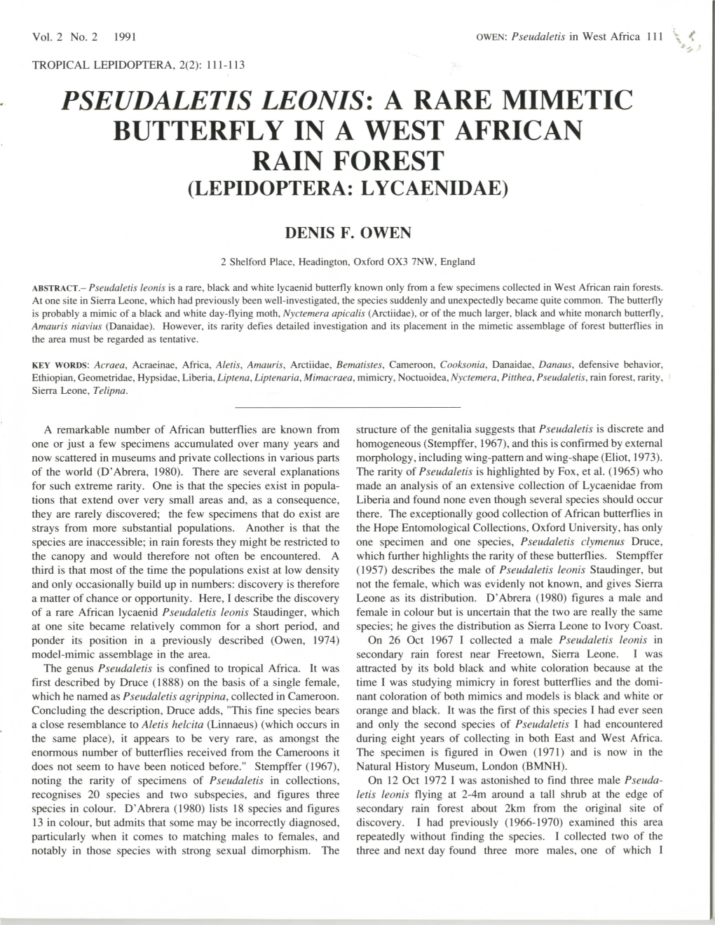 Pseudaletis Leonis: a Rare Mimetic Butterfly in a West African Rain Forest (Lepidoptera: Lycaenidae)
