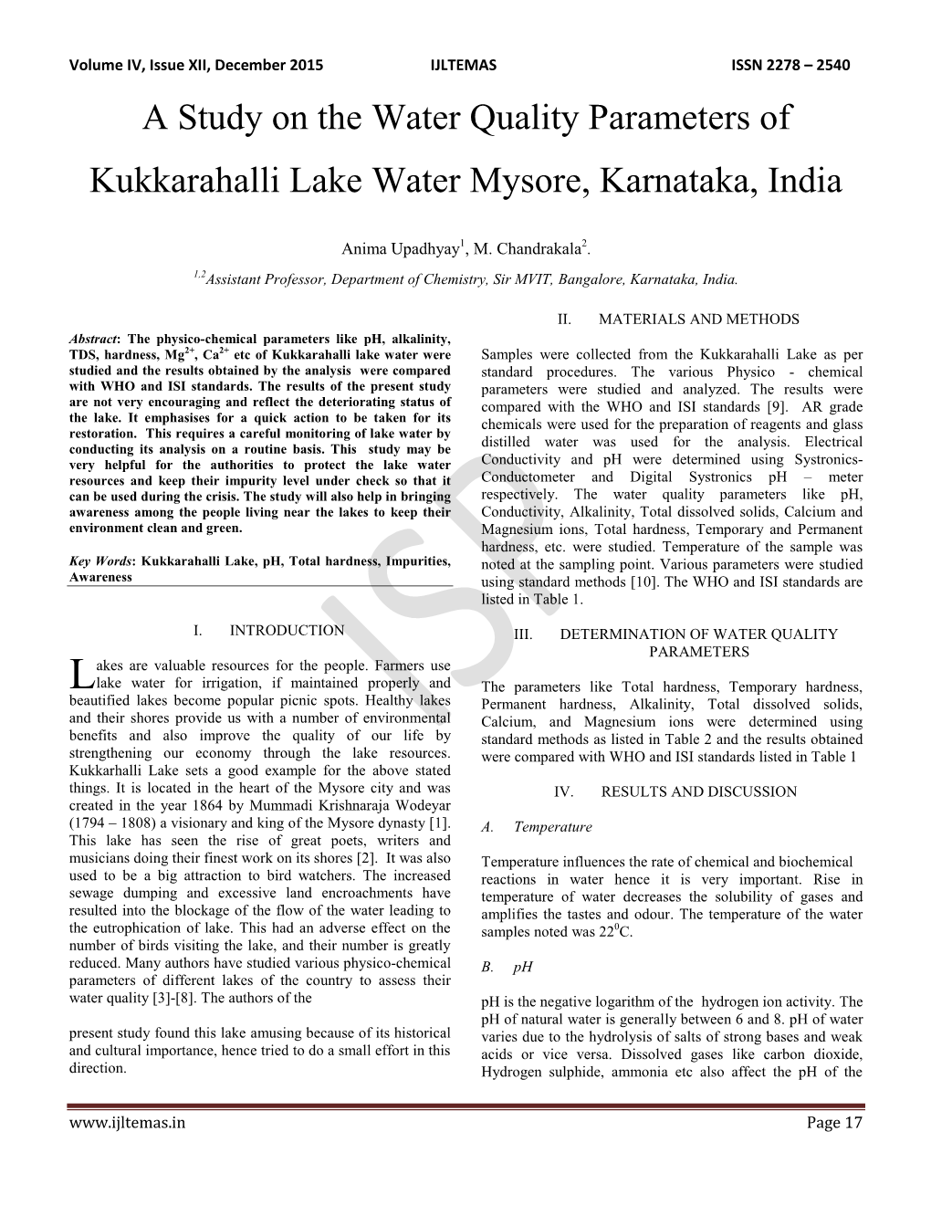 A Study on the Water Quality Parameters of Kukkarahalli Lake Water Mysore, Karnataka, India