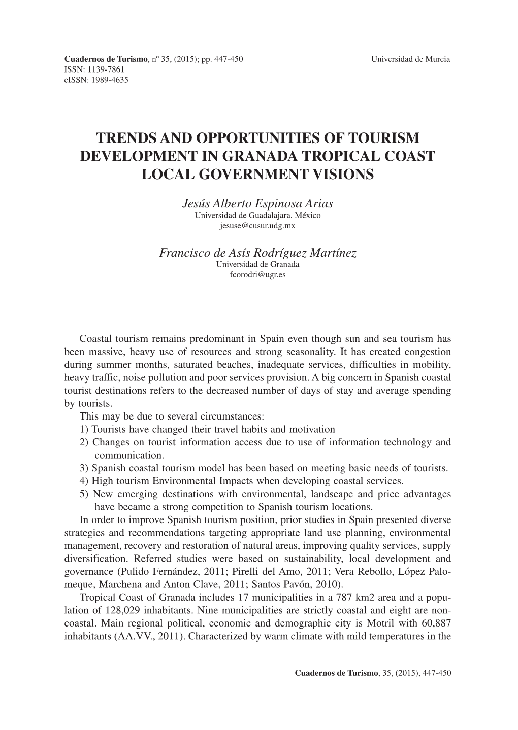 Trends and Opportunities of Tourism Development in Granada Tropical Coast Local Government Visions