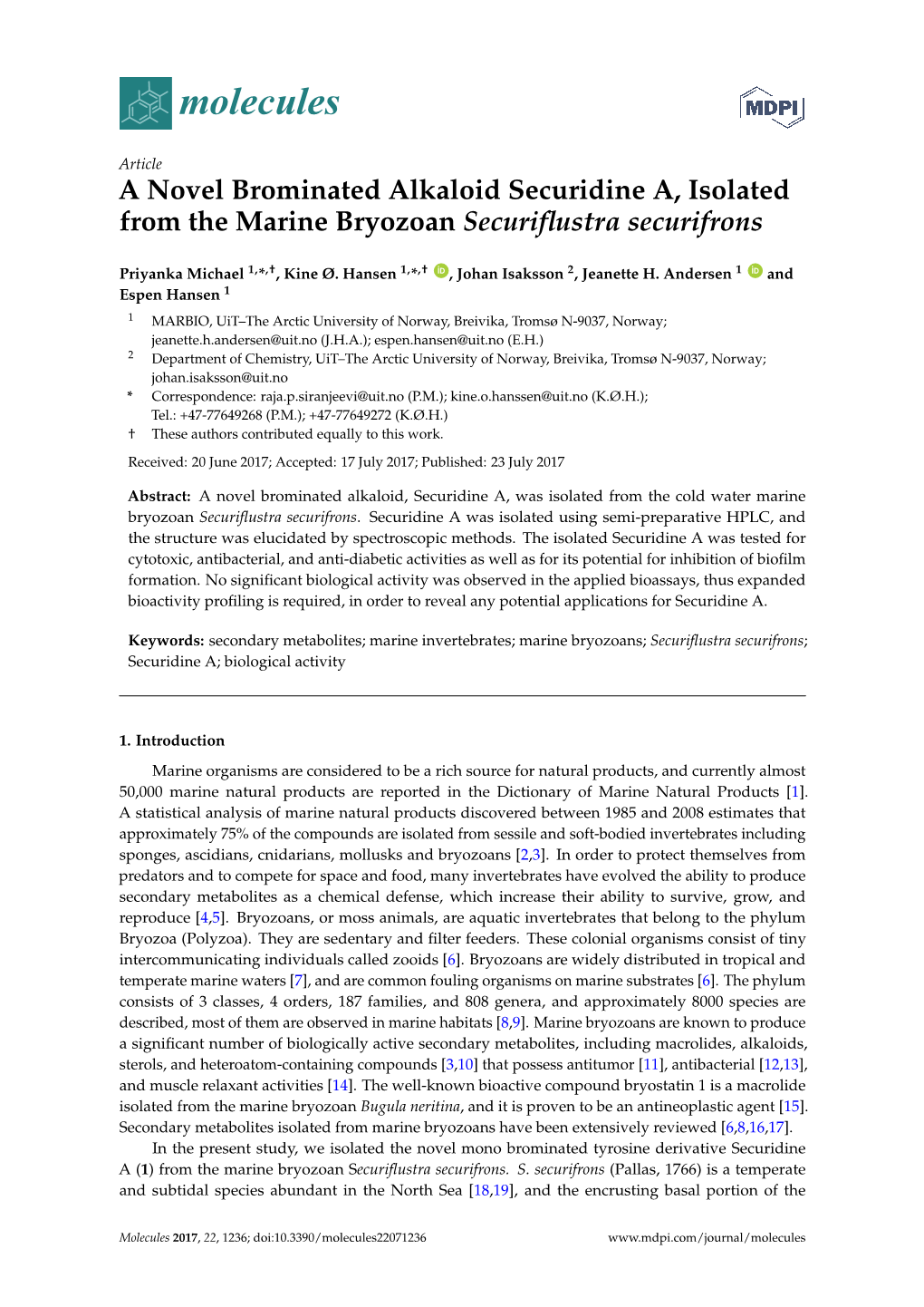 A Novel Brominated Alkaloid Securidine A, Isolated from the Marine Bryozoan Securiflustra Securifrons