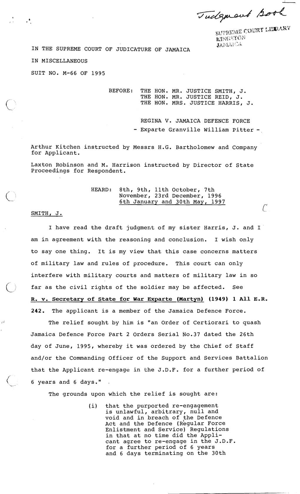 I N the Supreme Court of Judicature of Jamaica I N Miscellaneous Suit No. M-66 of 1995 Before: the Hon. Mr. Justice Smith, J. Th