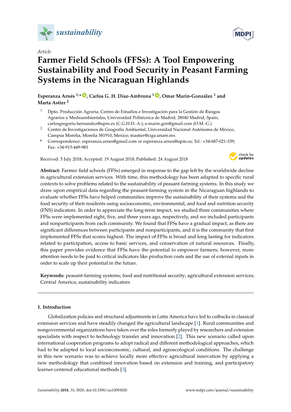 Farmer Field Schools (Ffss): a Tool Empowering Sustainability and Food Security in Peasant Farming Systems in the Nicaraguan Highlands