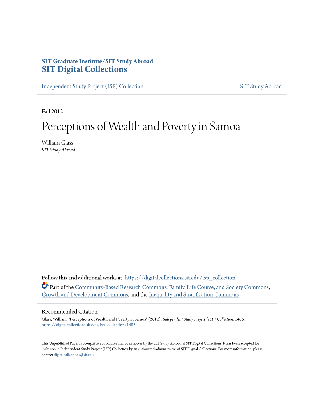 Perceptions of Wealth and Poverty in Samoa William Glass SIT Study Abroad