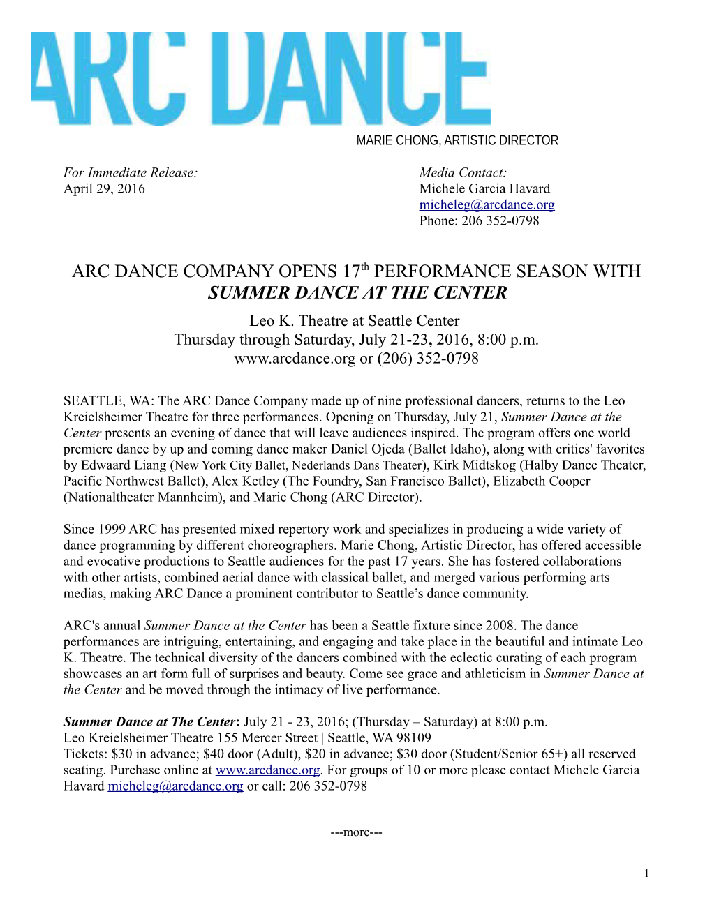 ARC DANCE COMPANY OPENS 17Th PERFORMANCE SEASON with SUMMER DANCE at the CENTER Leo K