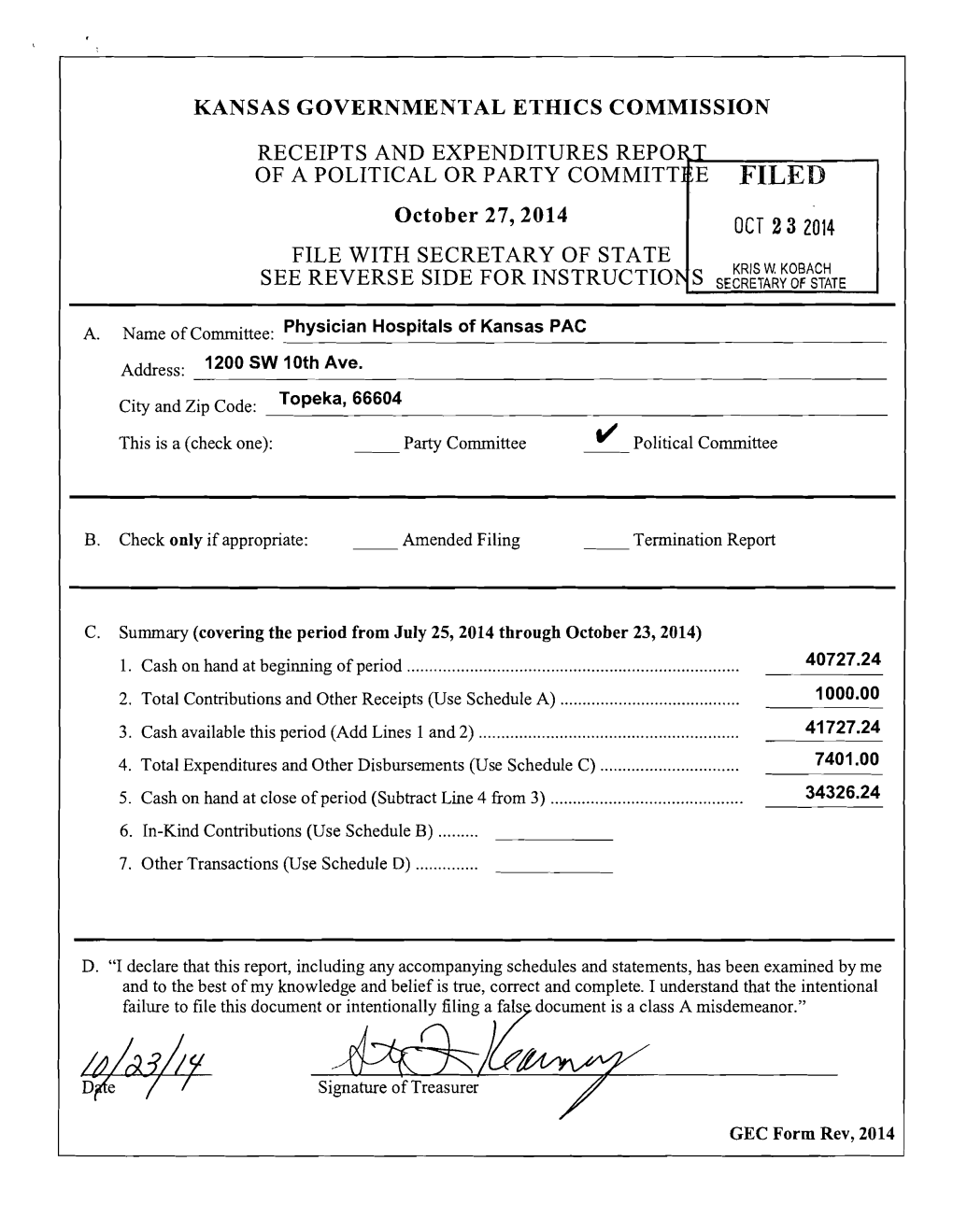 OCT 23 2014 FILE with SECRETARY of STATE ~ KRIS W KOBACH SEE REVERSE SIDE for Instructiol' S SECRETARY of STATE