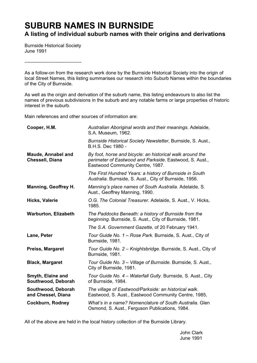 SUBURB NAMES in BURNSIDE a Listing of Individual Suburb Names with Their Origins and Derivations