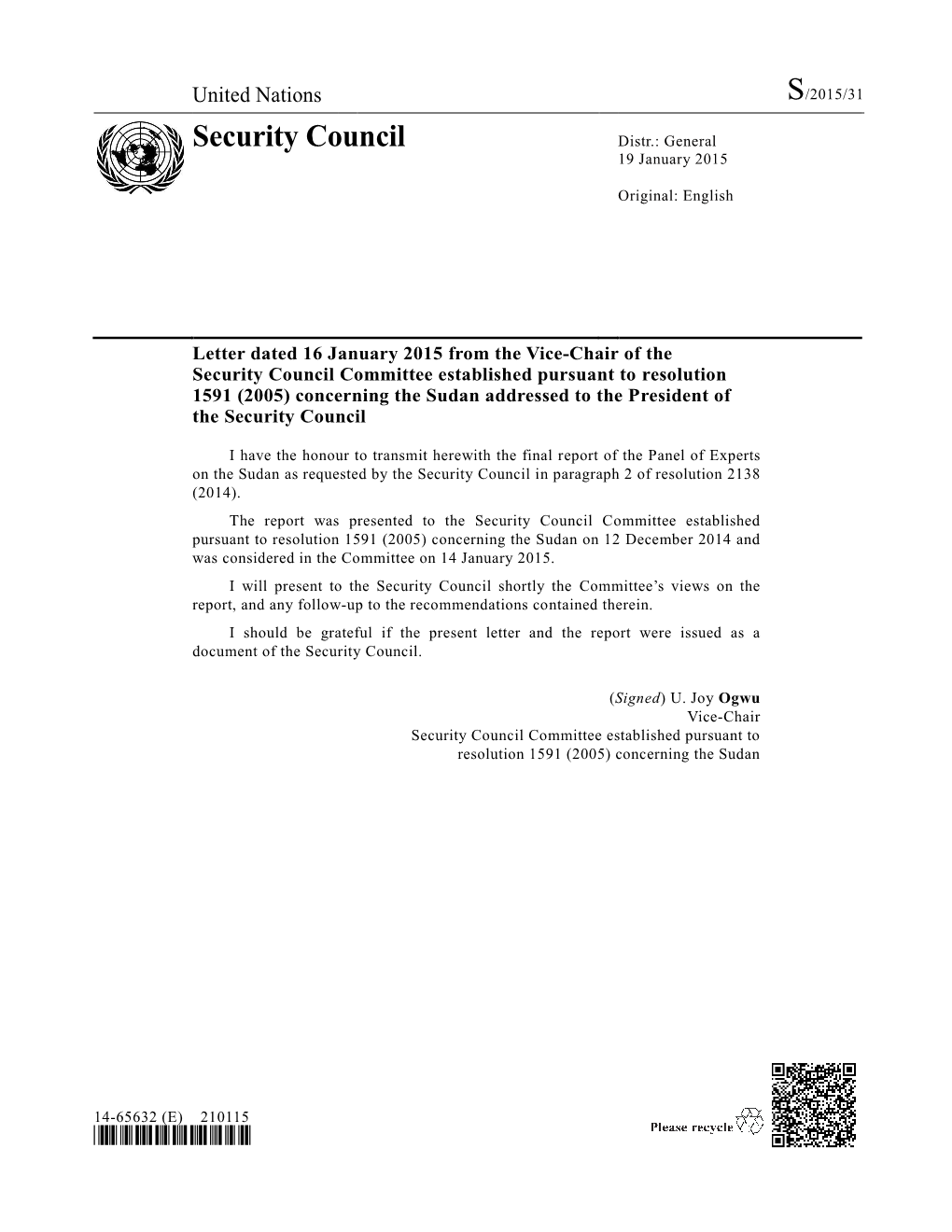 Established Pursuant to Resolution 1591 (2005) Concerning the Sudan Addressed to the President of the Security Council