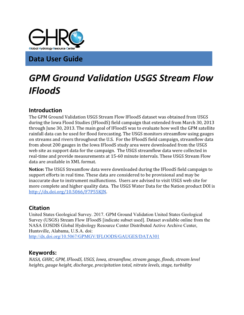 GPM Ground Validation USGS Stream Flow Ifloods