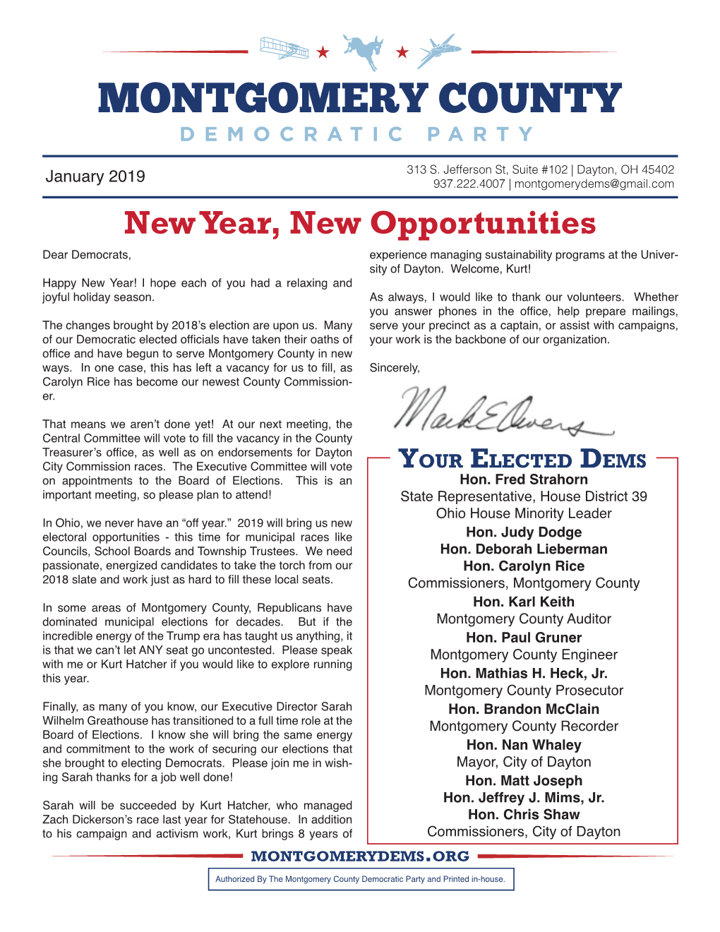 New Year, New Opportunities Dear Democrats, Experience Managing Sustainability Programs at the Univer- Sity of Dayton