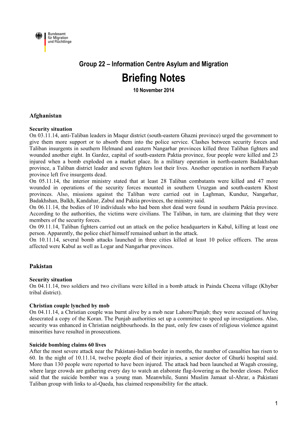 Briefing Notes 10 November 2014