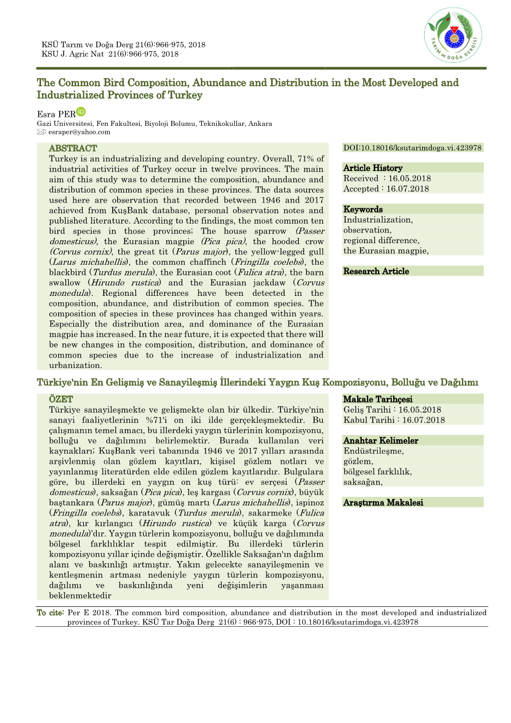 The Common Bird Composition, Abundance and Distribution in the Most Developed and Industrialized Provinces of Turkey