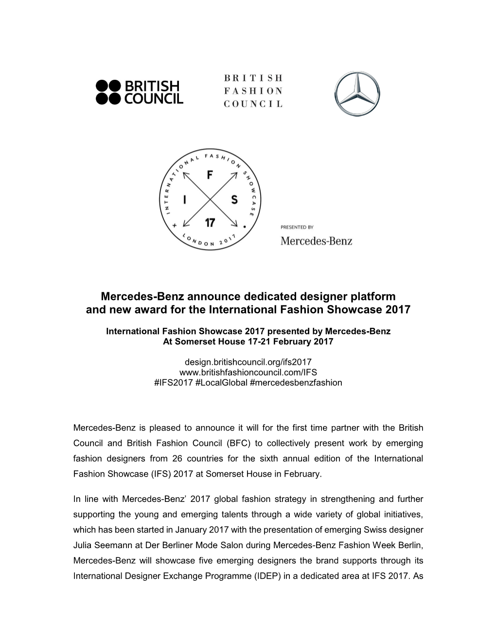 Mercedes-Benz Announce Dedicated Designer Platform and New Award for the International Fashion Showcase 2017